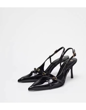 Black Buckle-Strap Embellished High-Heel Mules