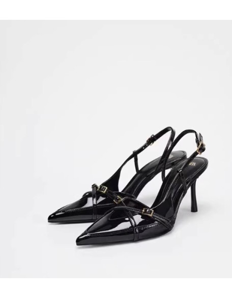 Black Buckle-Strap Embellished High-Heel Mules