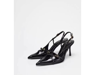 Black Buckle-Strap Embellished High-Heel Mules